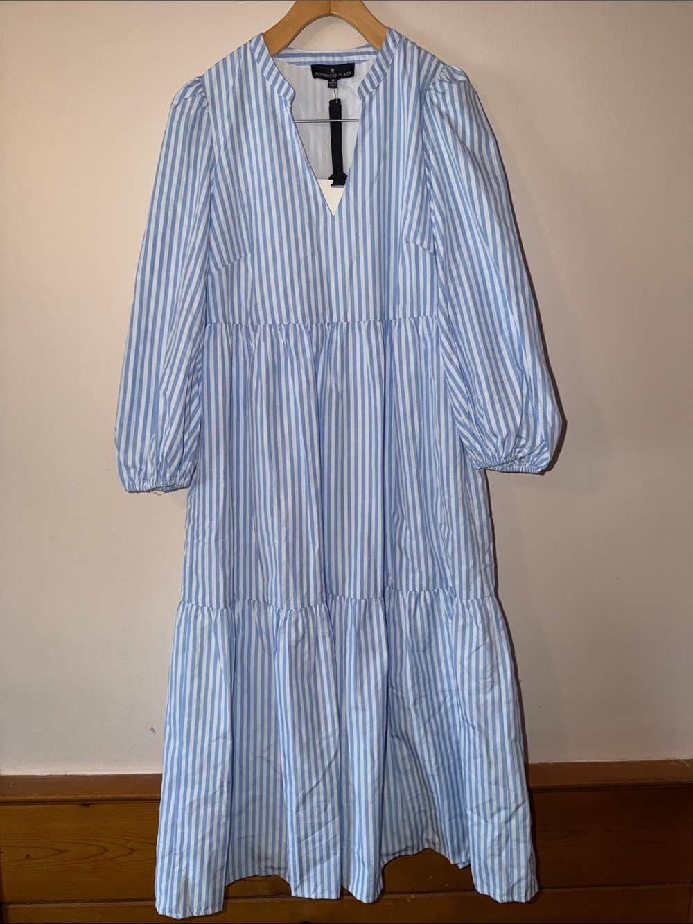 Pomander Place NWT Blue & White Striped Tiered Midi Dress 3/4 Sleeve Size M - Picture 2 of 7
